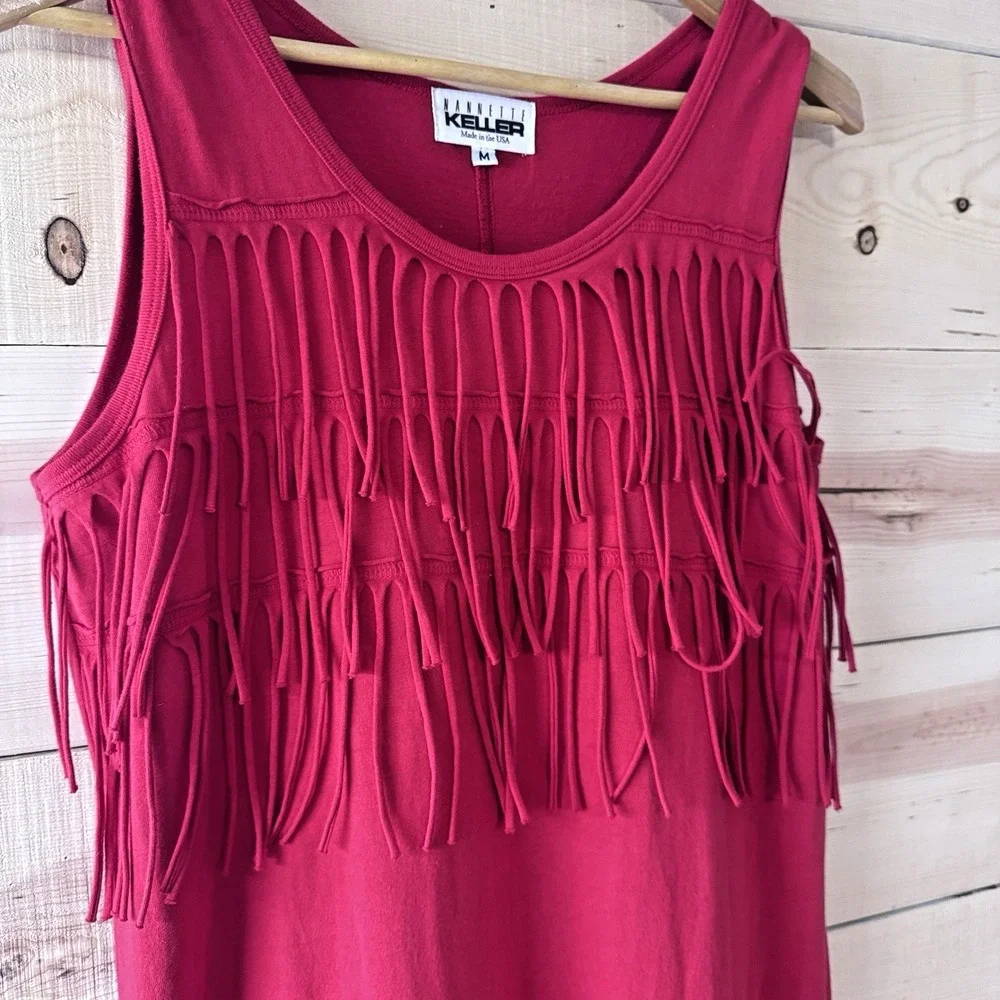 Vintage‎ Nannette Keller Womens M Bright Red Fringe Sleeveless Cotton Maxi Dress